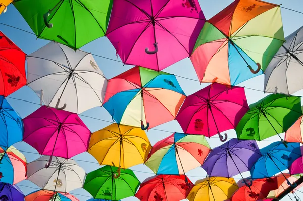 Colorful umbrellas in the sky — Stock Photo, Image