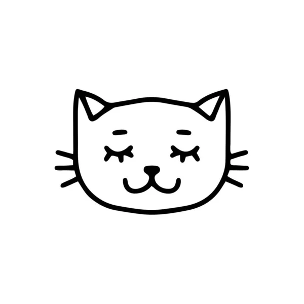 Head Cat Vector Linear Illustration Cute Cat Closed Eyes White — Stock Vector
