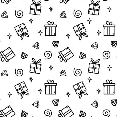 Vektör hediyeler ve kristaller. Elle çizilmiş çizim biçiminde siyah ve beyaz doğrusal desen