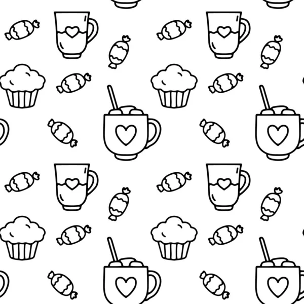 Vektorový Hladký Lineární Vzor Košíčkem Šálkem Kávy Marshmallows Sladkostmi Ilustrace — Stockový vektor
