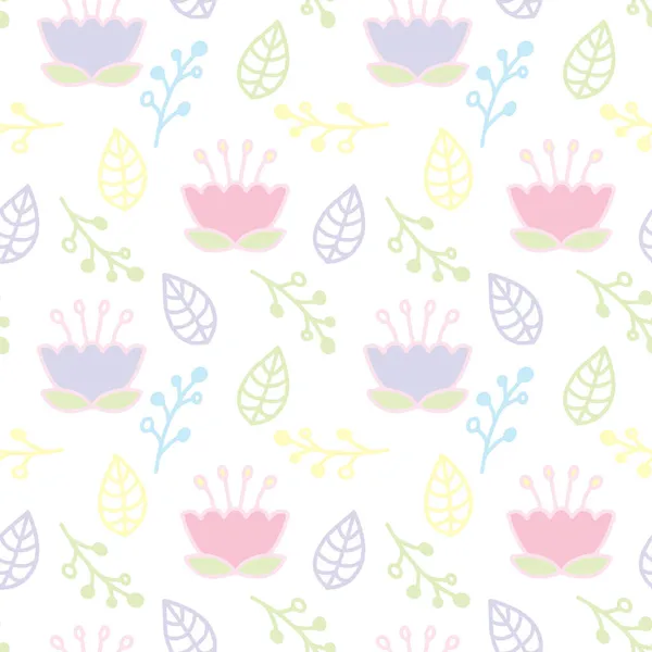Linear Vector Pattern Flowers Leaves Berries Seamless Botanical Pattern Cartoon — Stock Vector