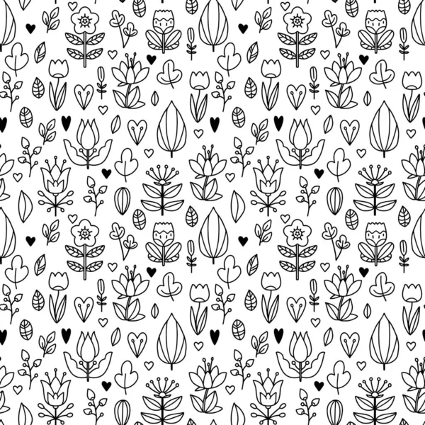 Linear Vector Pattern Decorative Flowers Leaves Black White Seamless Illustration — Stock Vector