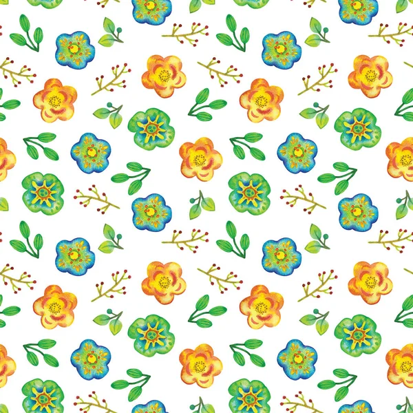 Naadloos Patroon Met Heldere Aquarelbloemen Botanische Illustratie Met Bloemen Takken — Stockfoto