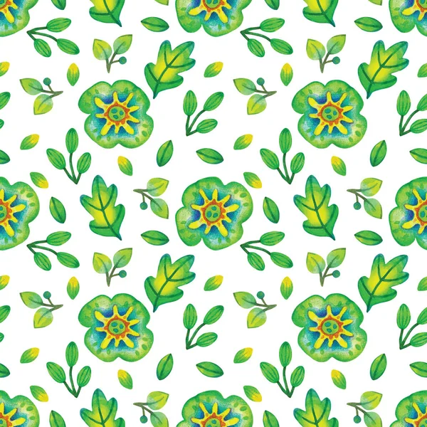 Seamless Watercolor Pattern Green Flowers Leaves White Background Decorative Botanical — Stock Photo, Image