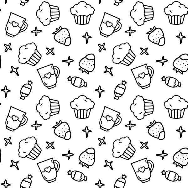 Vektorový Bezproblémový Vzor Sladkostmi Lineární Ilustrace Cukroví Cupcakes Poháry Kresleném — Stockový vektor