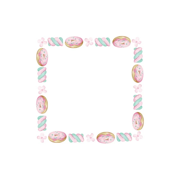 Kare Çerçeveli Donutlar Şekerlemeler Beyaz Arka Planda Çiçekler Şirin Suluboya — Stok fotoğraf