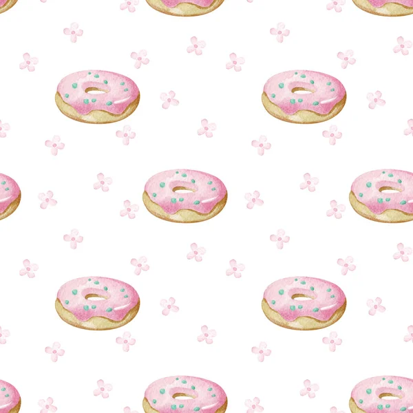 Seamless Watercolor Pattern Donuts Flowers White Background Cartoon Style Cute — Stock Photo, Image