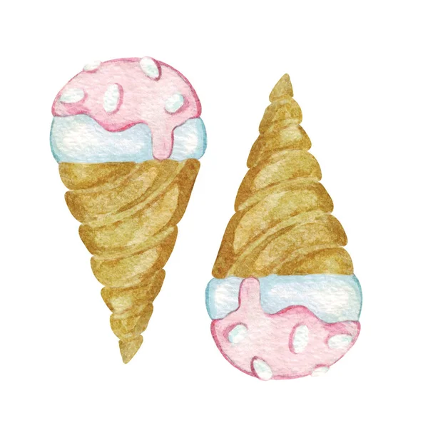 Roztomilé Akvarelové Rohy Růžovou Zmrzlinou Akvarel Ilustrace Cukroví Posypy Polevou — Stock fotografie