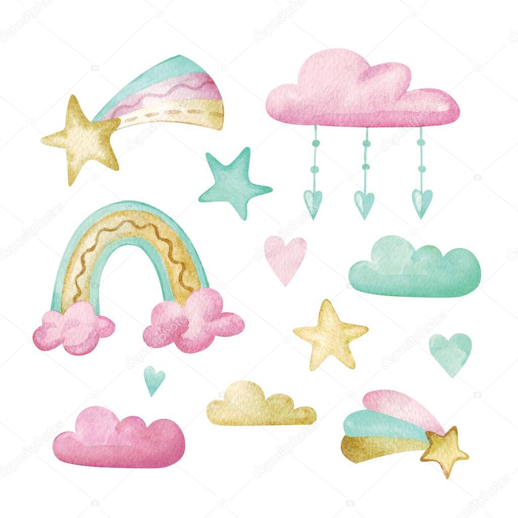 Cute watercolor clipart with rainbow, shooting star, moon, clouds on a white background in cartoon style for nursery, paper, packaging, textiles, scrapbooking