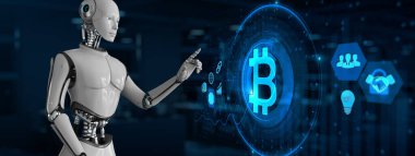 Bitcoin şifreli para birimi BTC ticareti. Ekran 3 boyutlu görüntülemedeki robot düğmesine bas