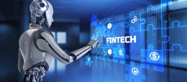 Fintech finans teknolojisi çevrimiçi ödeme dijital ekonomi kavramı. Ekran 3 boyutlu görüntülemedeki robot düğmesine bas