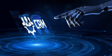 CRM Sistem Yazılım Müşteri İlişkileri Yönetimi kavramı. Robotik el 3D görüntüleme düğmesine bas