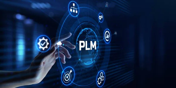 PLM Concepto de desarrollo del programa de gestión del ciclo de productos. Pulsando botón — Foto de Stock