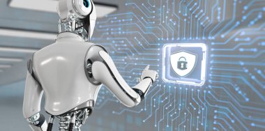 Siber güvenlik veri koruma antivirüs teknolojisi konsepti. Ekran 3 boyutlu görüntülemedeki robot düğmesine bas