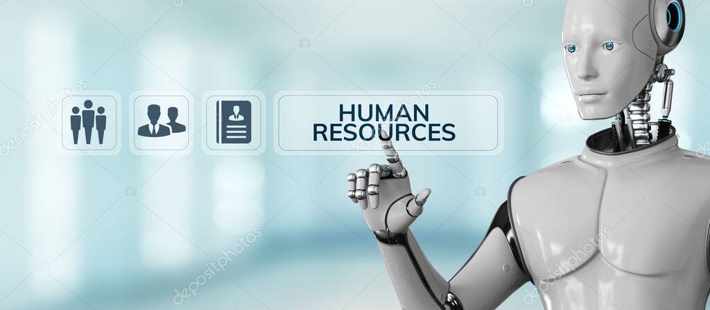 HR Human resources automation RPA. Robot pressing button on screen 3d render
