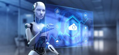 Bulut teknolojisi bilgisayar konsepti. Ekran 3 boyutlu görüntülemedeki robot düğmesine bas