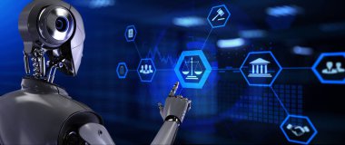 Hukuk Avukatı hukuk hukuku kavramı. Ekran 3 boyutlu görüntülemedeki robot düğmesine bas