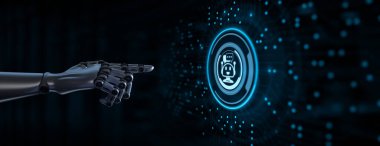 Chatbot sohbet robotu müşteri hizmetleri otomasyonu. Robotik el 3D görüntüleme düğmesine bas