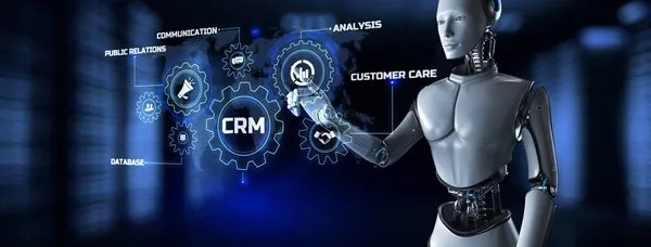 CRM gestión de relaciones con el cliente automatización concepto de RPA. Robot pulsar botón en la pantalla de renderizado 3d —  Fotos de Stock