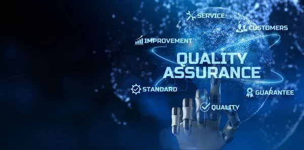 Quality assurance Guarantee Warranty Customer satisfaction Service. Robotic arm 3d rendering — Stock Photo, Image