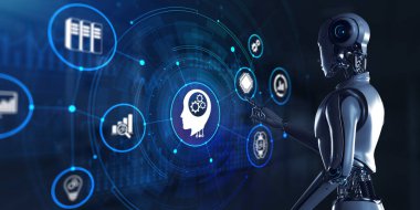 Derin öğrenme yapay zeka sinir ağı. Ekran 3 boyutlu görüntülemedeki robot düğmesine bas