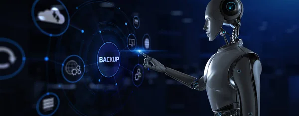 Backup Datenrettung. Roboter drückt Taste auf dem Bildschirm 3D-Renderer — Stockfoto