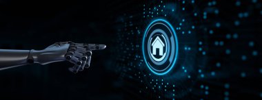 Akıllı Ev Otomasyonu kablosuz internet kavramını kontrol ediyor. Robot el 3D görüntüleme düğmesine basar