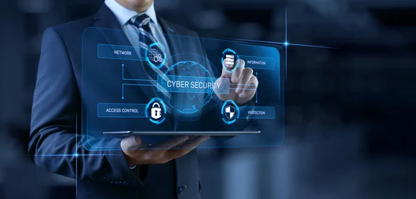 Control de acceso de ciberseguridad Protección de datos Concepto de privacidad de información personal. Empresario pulsando botón en la pantalla — Foto de Stock