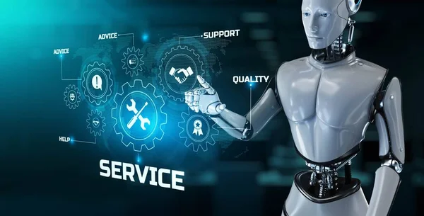 Service automation concept. Robot pressing button on screen 3d render