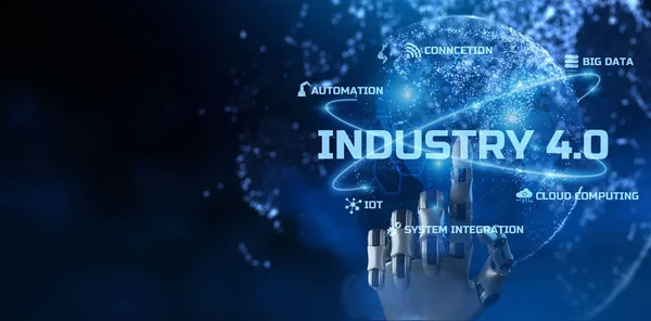 Industria 4.0, Innovazione, Smart manufacturing, concetto di tecnologia di automazione. Braccio robotico rendering 3d — Foto Stock