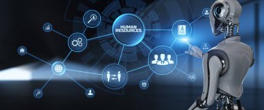 İnsan kaynakları otomasyon RPA. Ekran 3 boyutlu görüntülemedeki robot düğmesine bas