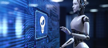 Yeşil enerji alternatif çevre dostu yenilenebilir. Ekran 3 boyutlu görüntülemedeki robot düğmesine bas