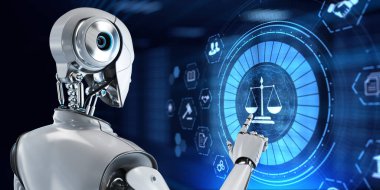 Hukuk Avukatı hukuk hukuku kavramı. Ekran 3 boyutlu görüntülemedeki robot düğmesine bas