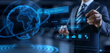 Siber güvenlik erişim kontrol veri koruma kişisel bilgi gizlilik kavramı. İş adamı ekrandaki düğmeye basıyor