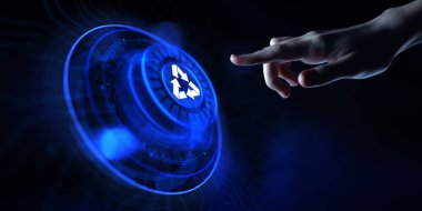 Geri dönüşüm sıfır atık ekolojisi teknoloji tasarruf kavramı. Sanal ekrandaki el düğmesine bas