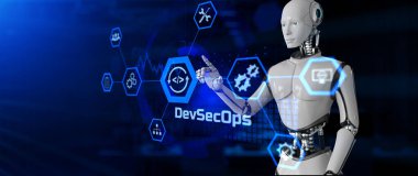 DevSecOps yazılım geliştirme kavramı. Ekran 3 boyutlu görüntülemedeki robot düğmesine bas