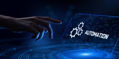 Otomasyon RPA İş Akımı Endüstriyel Süreç optimizasyonu. Yenilik teknolojisi konsepti. El basma düğmesi