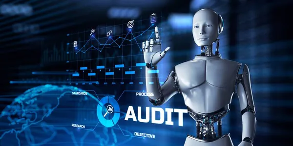 Audit Automatisation robotique des processus RPA concept. Robot appuyant sur le bouton sur l'écran rendu 3d — Photo