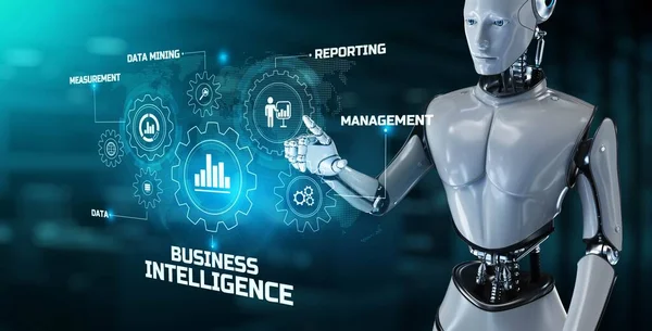 Concepto de automatización de análisis de inteligencia empresarial. Robot pulsar botón en la pantalla de renderizado 3d —  Fotos de Stock