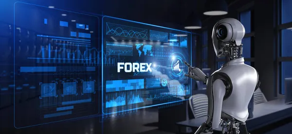 Forex robot trading automation concept. Robot pressing button on screen 3d render — Stock Photo, Image