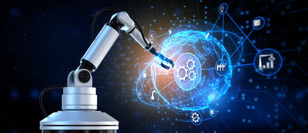 Gears icons Automation innovation RPA. 3d render cobot robotic arm