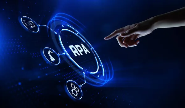 RPA Robotic process automation technology innovation concept. Pulsante premuto a mano sullo schermo — Foto Stock