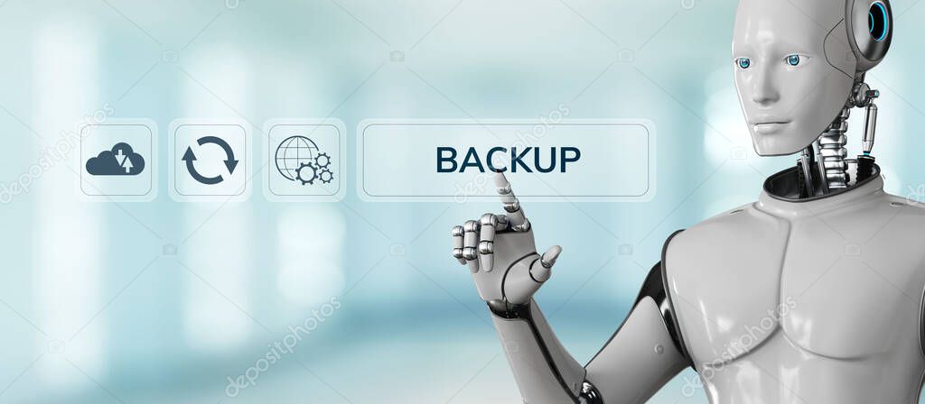 Backup data recovery. Robot pressing button on screen 3d render
