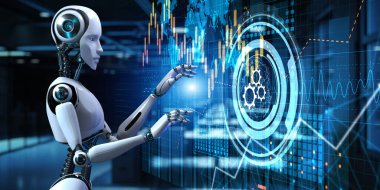 Gears İşletme Endüstriyel Akış Robot Otomasyon RPA. Ekran 3 boyutlu görüntülemedeki robot düğmesine bas