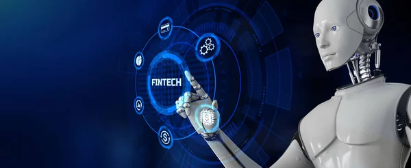 Fintech tecnología financiera pago en línea concepto de economía digital. Robot pulsar botón en la pantalla de renderizado 3d. —  Fotos de Stock