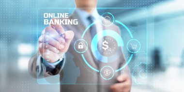 Çevrimiçi bankacılık e-bankacılık dijital finans teknolojisi. İş adamı ekrandaki düğmeye basıyor.