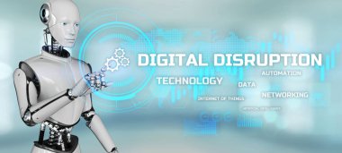 Dijital bozulma dönüşüm yıkıcı yenilik kavramı. Ekran 3 boyutlu görüntülemedeki robot düğmesine bas.