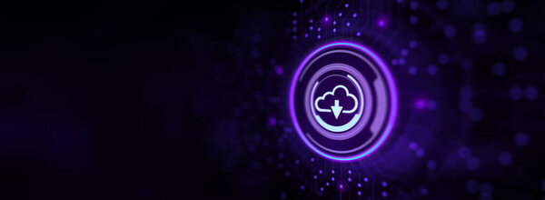 Download cloud icon. Hand pressing button on virtual screen.