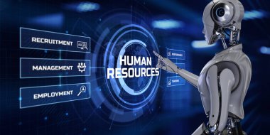 İnsan kaynakları otomasyon RPA. Ekran 3 boyutlu görüntülemedeki robot düğmesine bas.