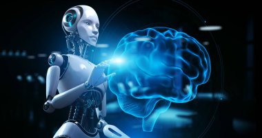 Cyborg Robot 3 boyutlu görüntüleme. Yapay Zeka Makinesi Otomasyon Konseptini Öğreniyor